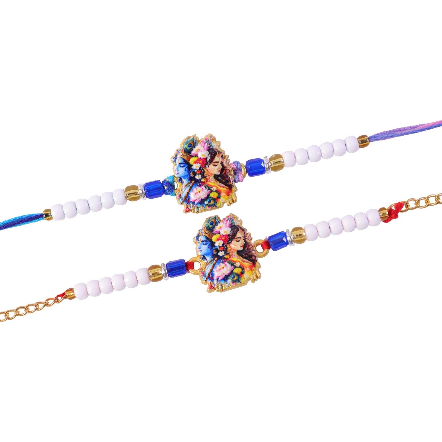 Radha Krishna Floral Art Printed Pearl Beads Bhai Bhabhi Rakhi Set