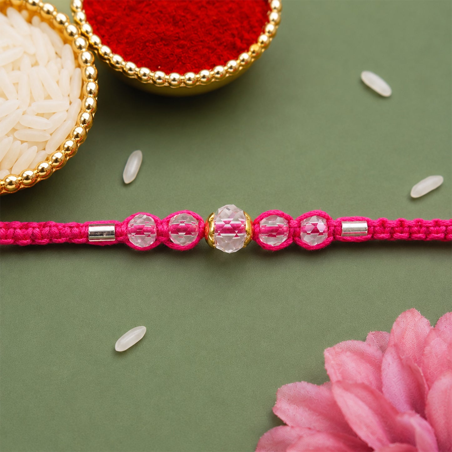 Pink Beaded Rakhi with Rose-Toned Sparkling Crystal Stones