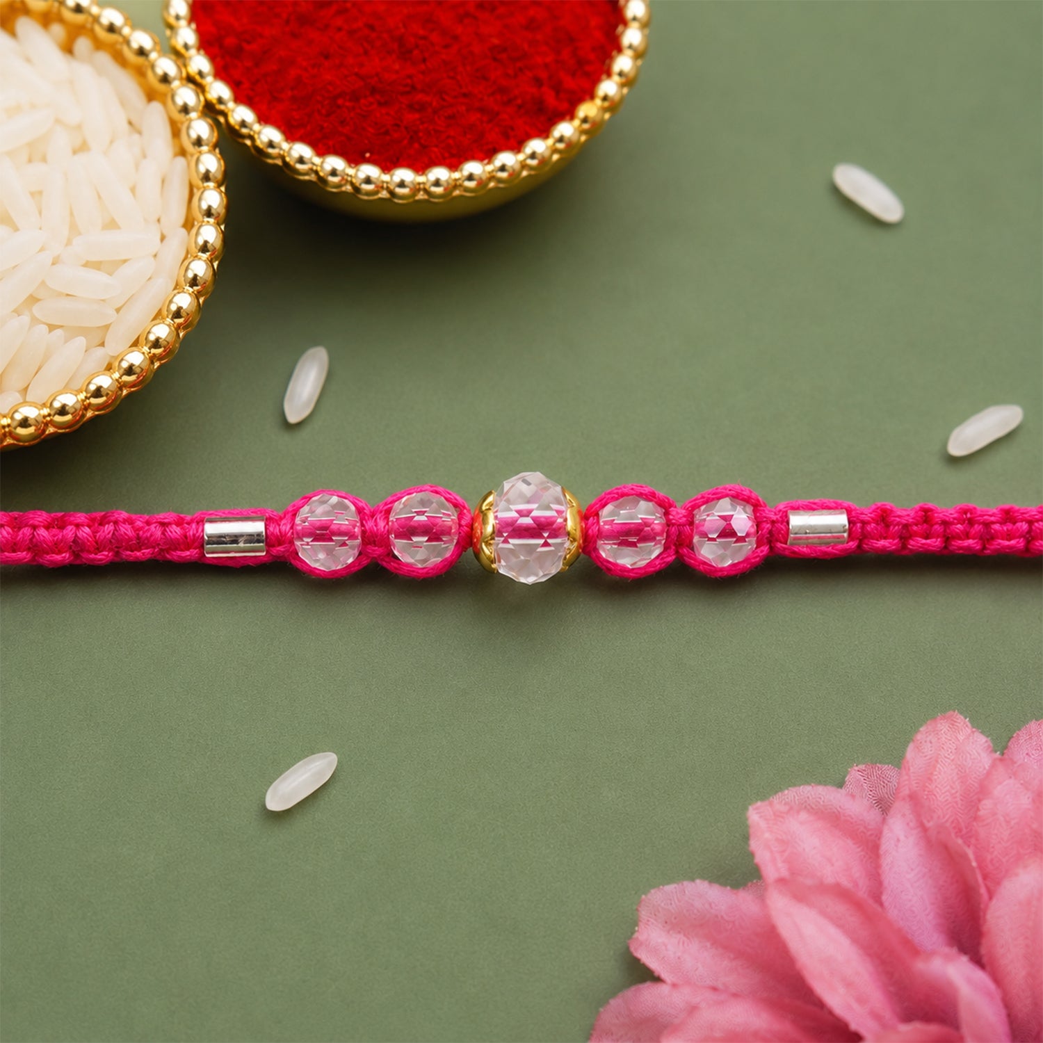 Pink Beaded Rakhi with Rose-Toned Sparkling Crystal Stones