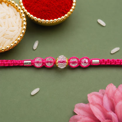 Pink Beaded Rakhi with Rose-Toned Sparkling Crystal Stones