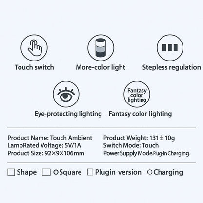 Touch Control Ambient LED Lamp with Multicolor Light & Stepless Dimming