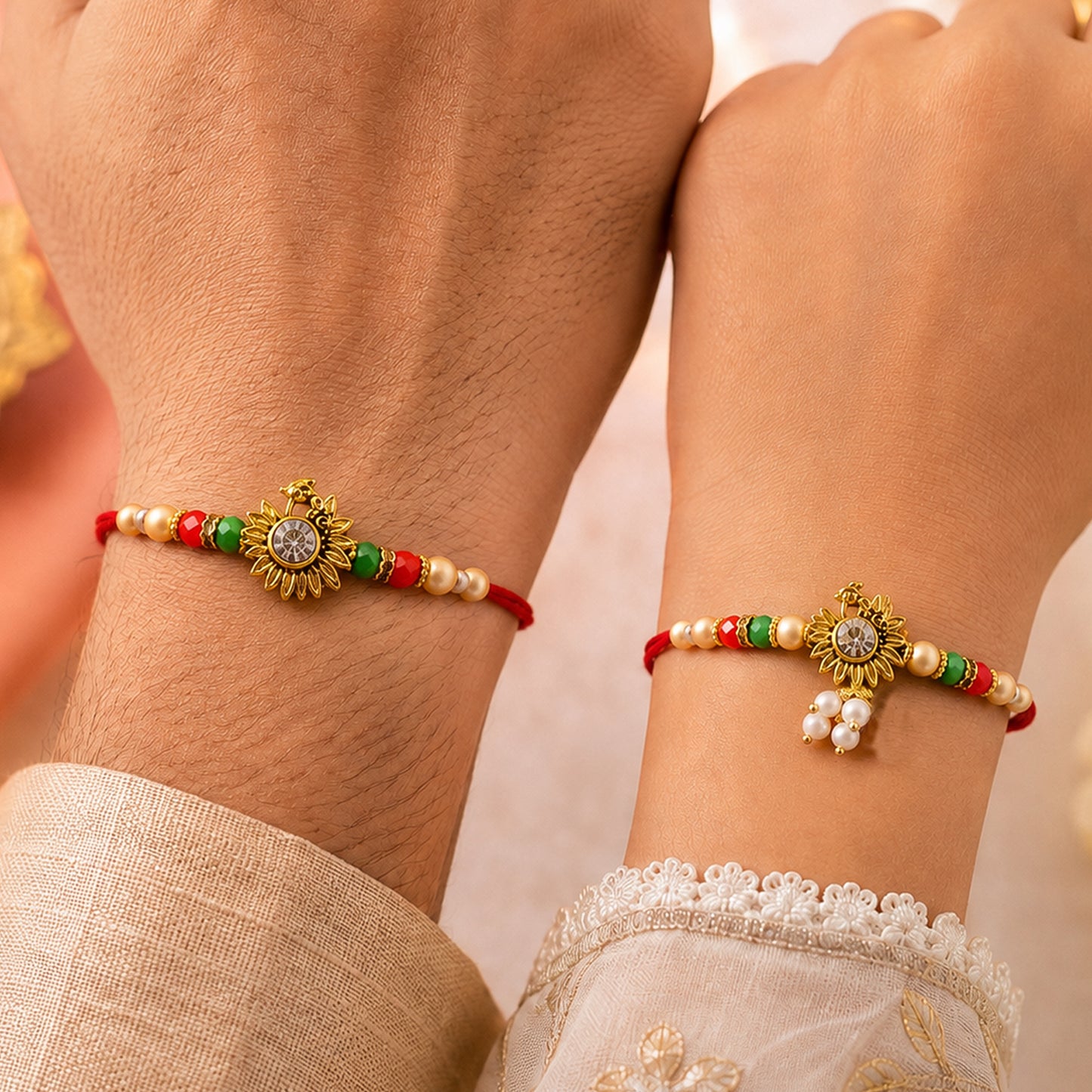 Classic Floral Motif Design Bhai Bhabhi Rakhi with Flower and Pearl Tassel for Gift
