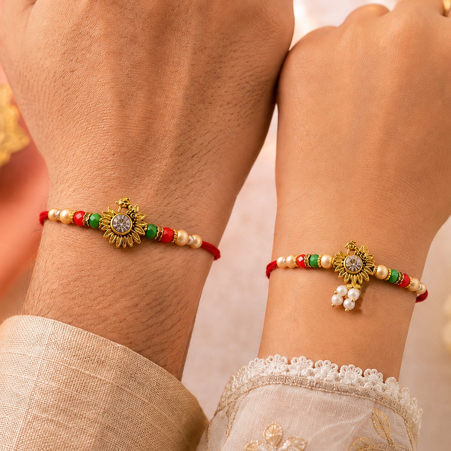 Classic Floral Motif Design Bhai Bhabhi Rakhi with Flower and Pearl Tassel for Gift