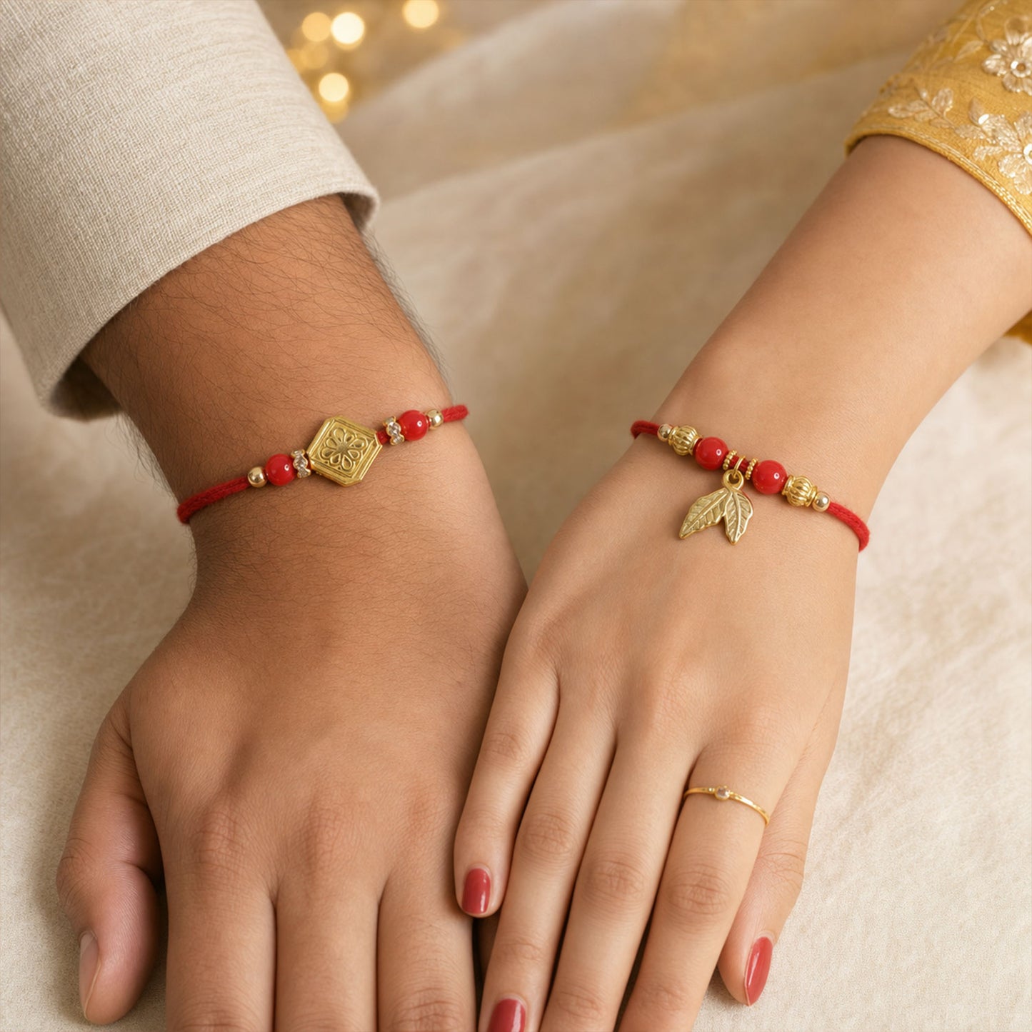 Red Bead Floral Rakhi Pair with Leaf Charms for Bhaiya Bhabhi Couple Celebration