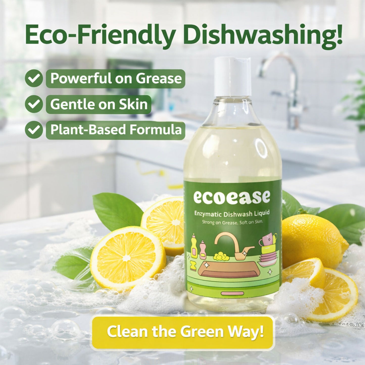 Ecoease Enzymatic Dishwash Liquid, Plant Based Grease Cutting Formula (500 ml)