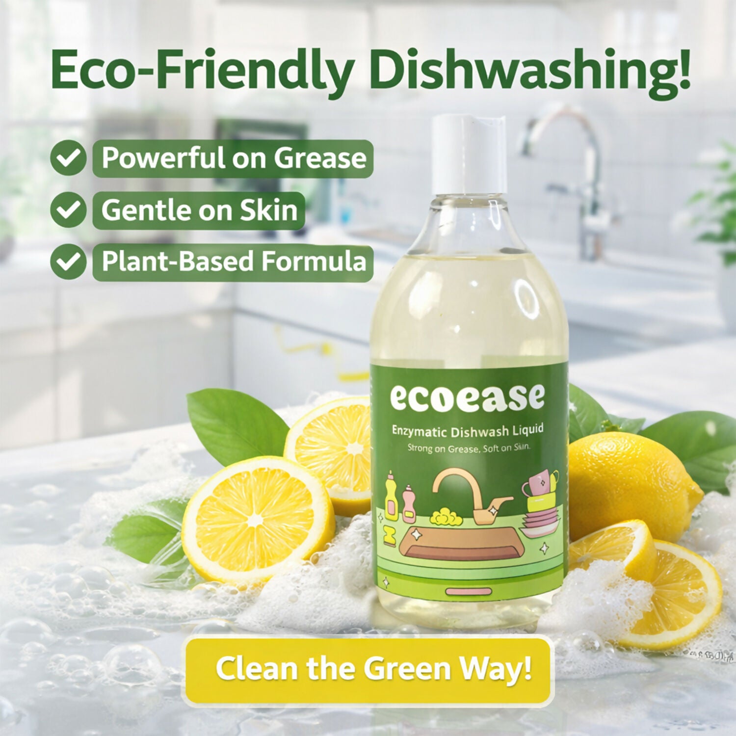 Ecoease Enzymatic Dishwash Liquid, Plant Based Grease Cutting Formula (500 ml)