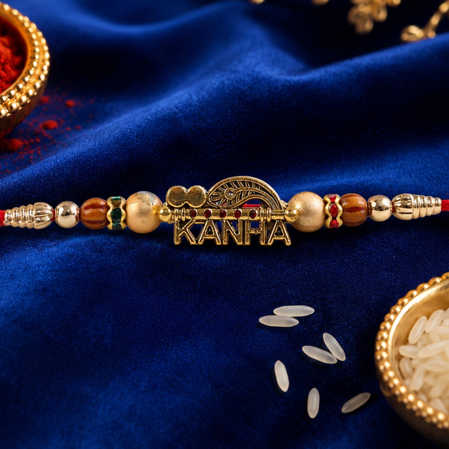 Kanha Krishna Devotional Rakhi with Peacock-Flute Style Golden Centre and Red Beads