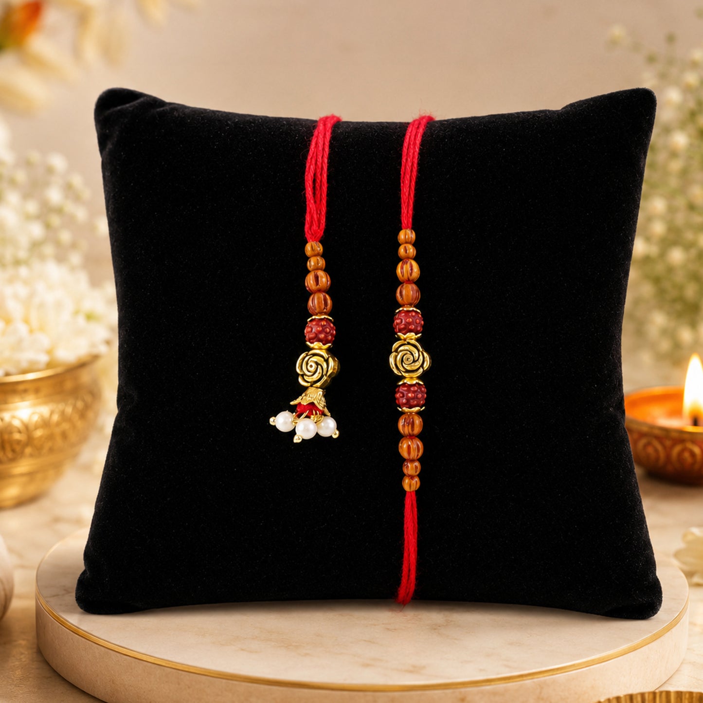 Antique Rose Couple Rakhi Set with Amber Beads and Pearl Drops for Raksha Bandhan