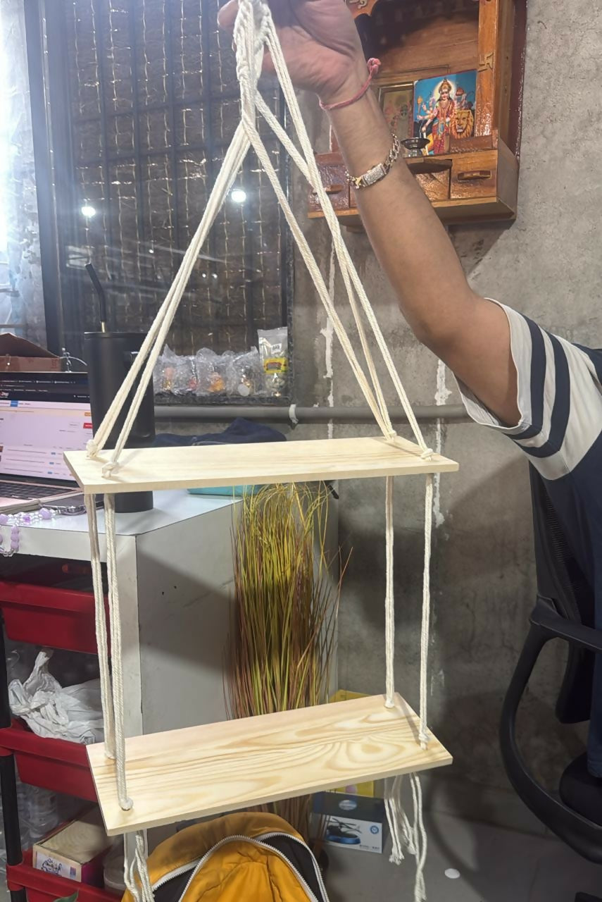 2 Tier Wooden Hanging Shelf with Rope Wall Decor Plant Display Rack