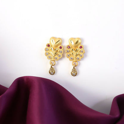 Floral Inspired Gold Stud Earrings With Central Stone And Teardrop Dangle Detail