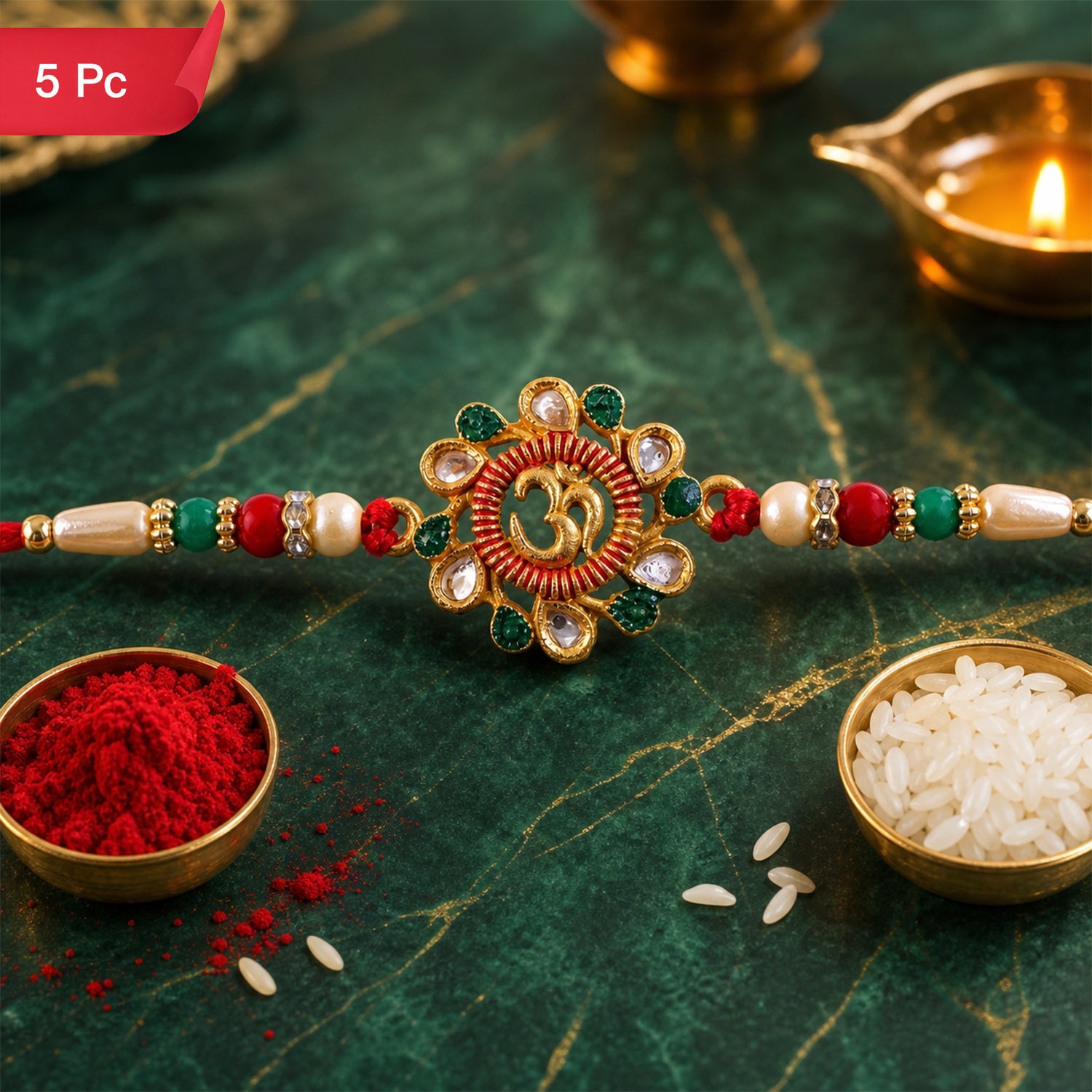 Om Motif Beaded Designer Rakhi for Raksha Bandhan Puja Wear (5pcs)