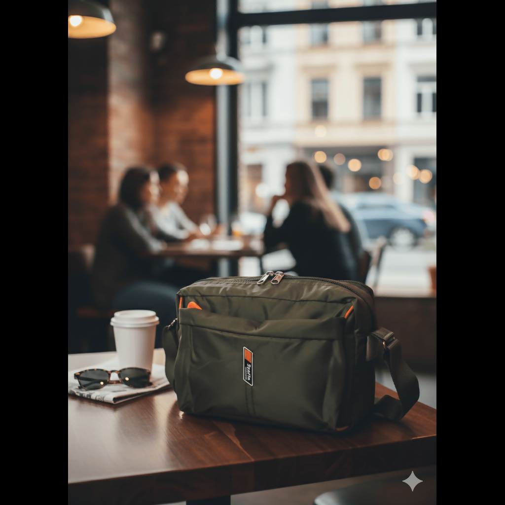 Close-up of heavy-duty zippers on lightweight crossbody messenger travel bag