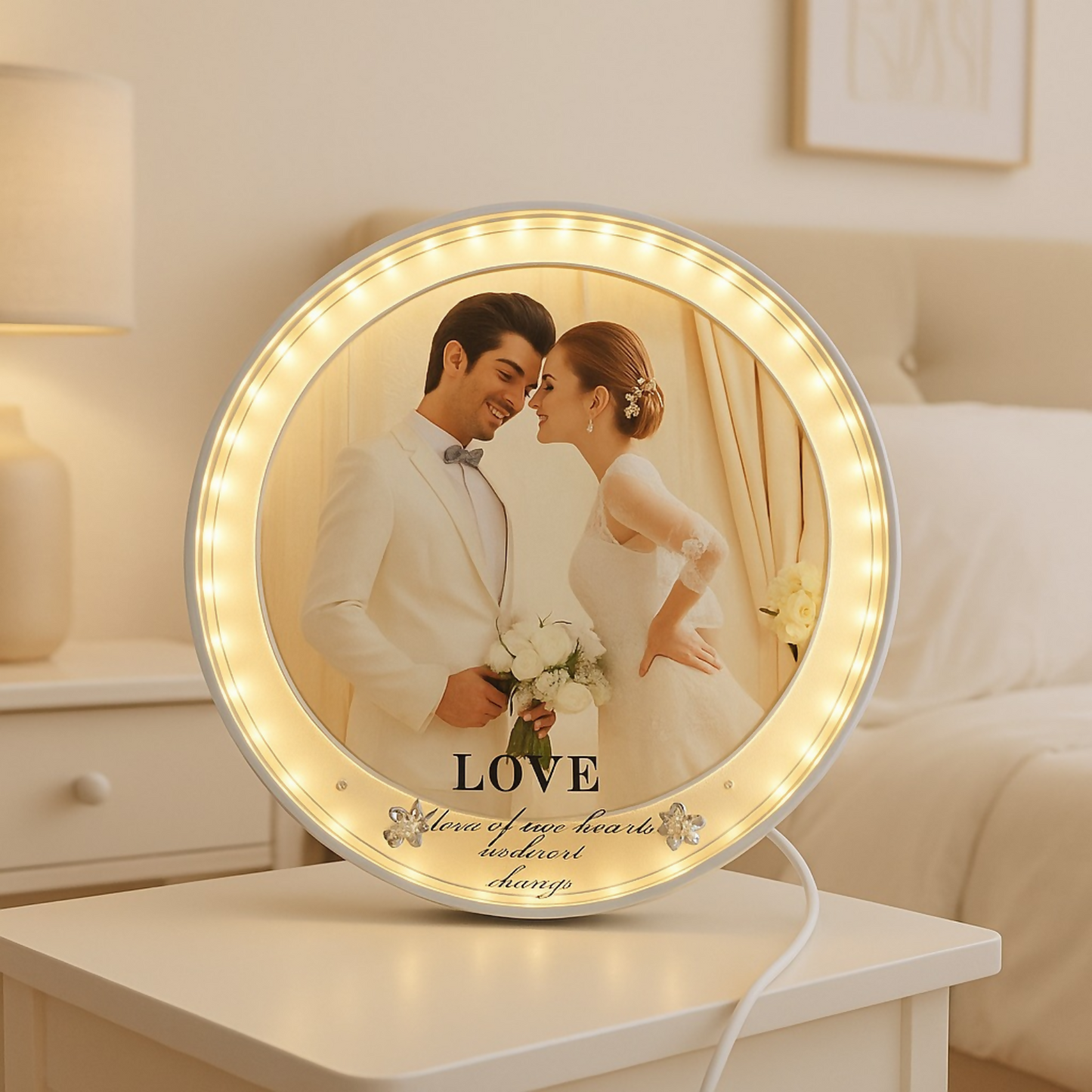Romantic Round LED Photo Frame Night Lamp for Bedroom | Warm White Light Couple Photo Frame for Wedding, Anniversary & Home Decor | LOVE Printed Tabletop Decorative Lighting Gift with USB Power – Modern Ambient Light