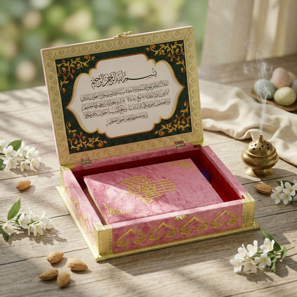 Close-up of golden laser-cut Allah and Muhammad calligraphy on Quran box