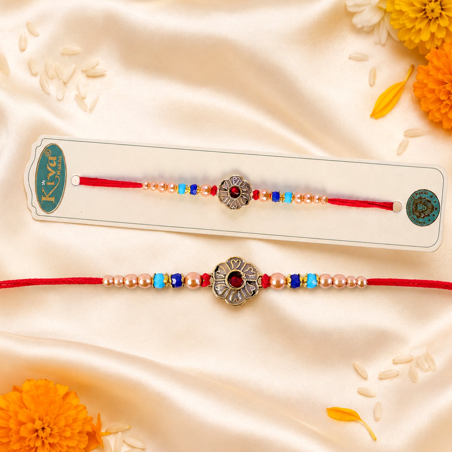 Antique Floral Medallion Designer Rakhi for Brother with Pearl & Beads