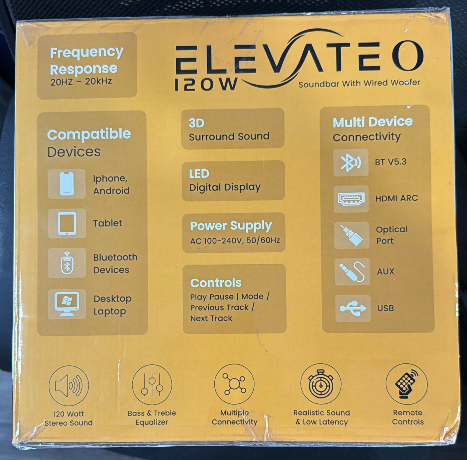 SOUND BAR 120W ELEVATE O WITH WIRED WOOFER AXM-024 LAPCARE