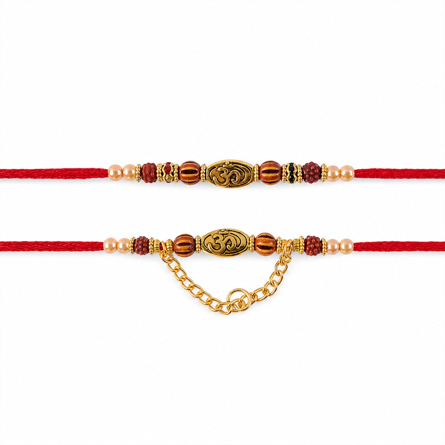 Om Design Couple Rakhi Set with Rudraksha Pearl Beads and Red Thread for Bhai Bhabhi