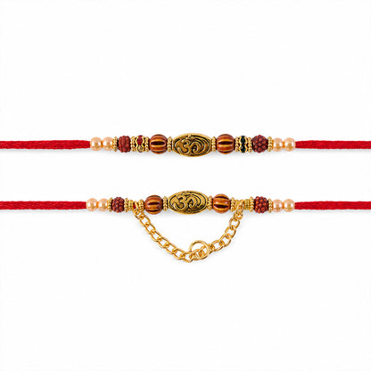 Om Design Couple Rakhi Set with Rudraksha Pearl Beads and Red Thread for Bhai Bhabhi