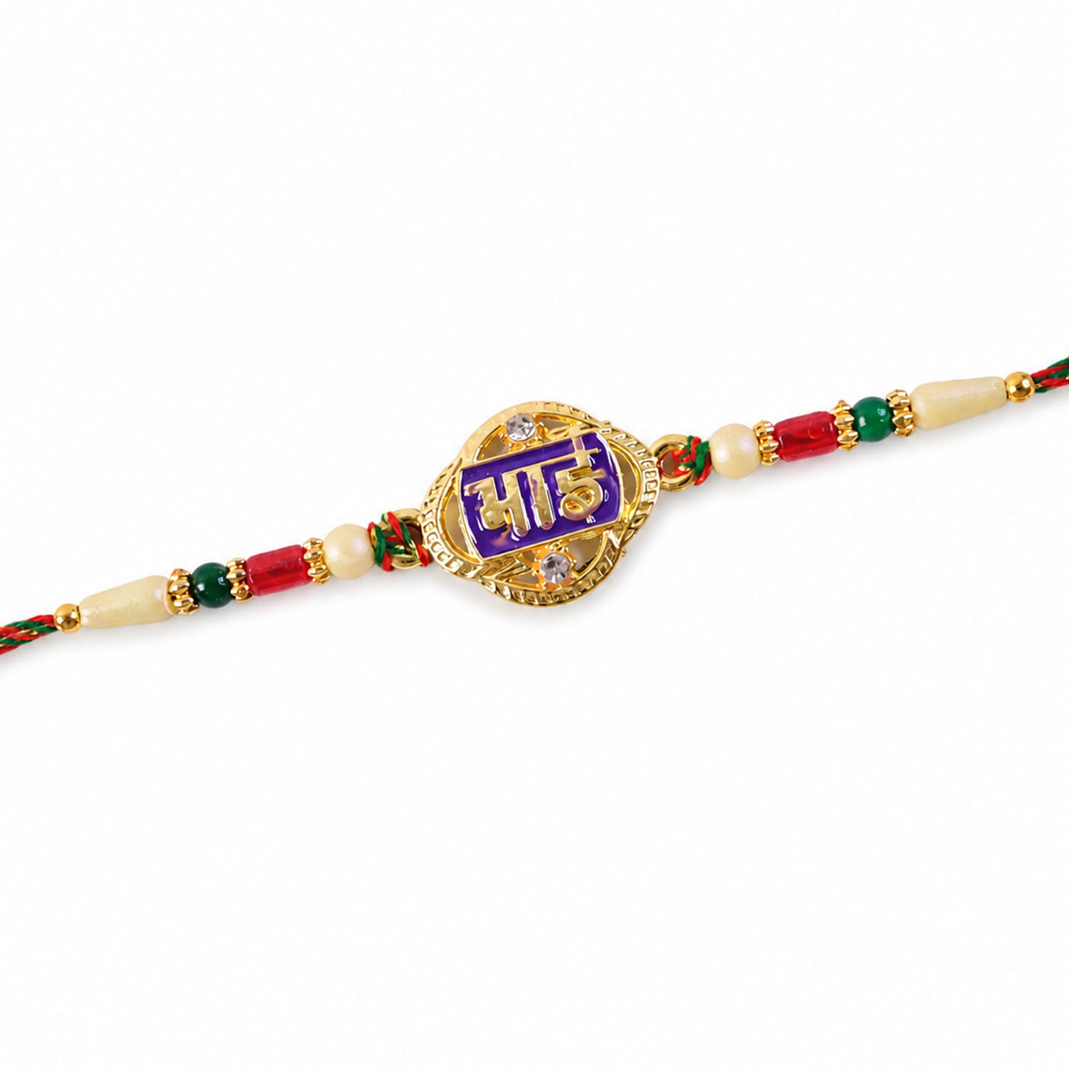 Bhai Text Pendant Rakhi with Purple Enamel and Kundan Stones