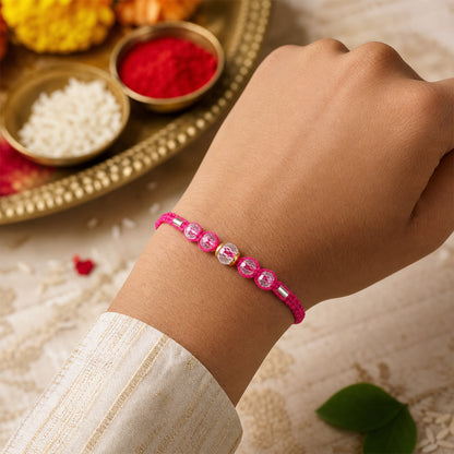 Pink Beaded Rakhi with Rose-Toned Sparkling Crystal Stones