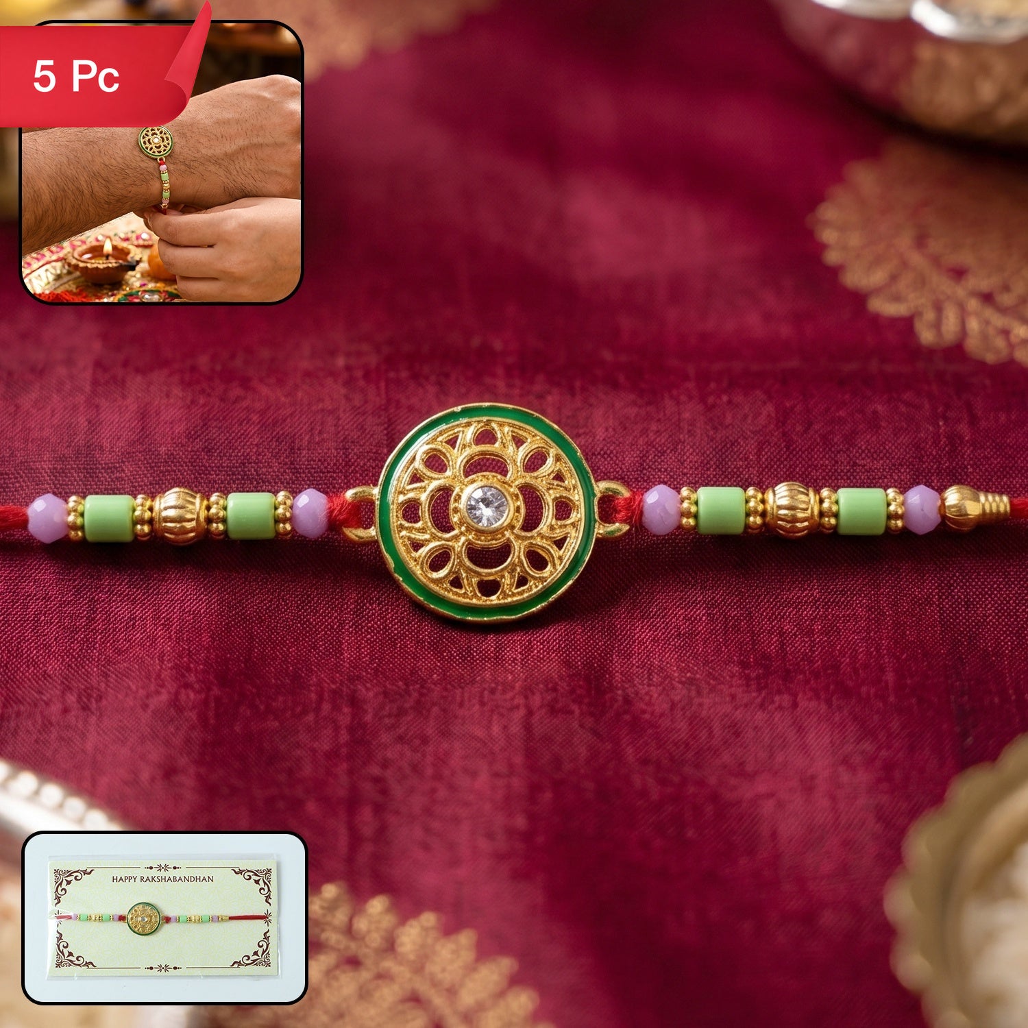 Rakhi Beautiful Designer Golden Floral Wheel for Raksha Bandhan (5pcs)