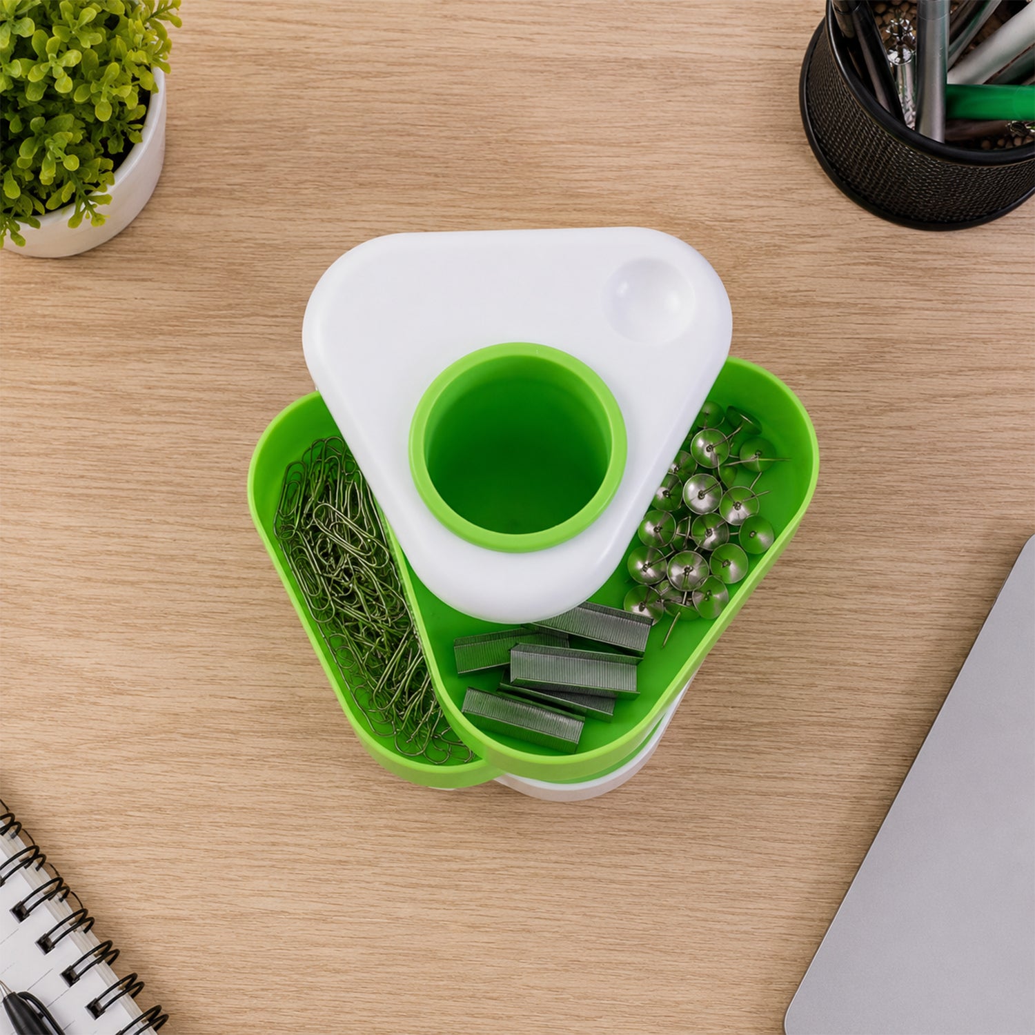Triangle Rotating Desk Organizer with Pen Holder & Storage Trays for Office & Study