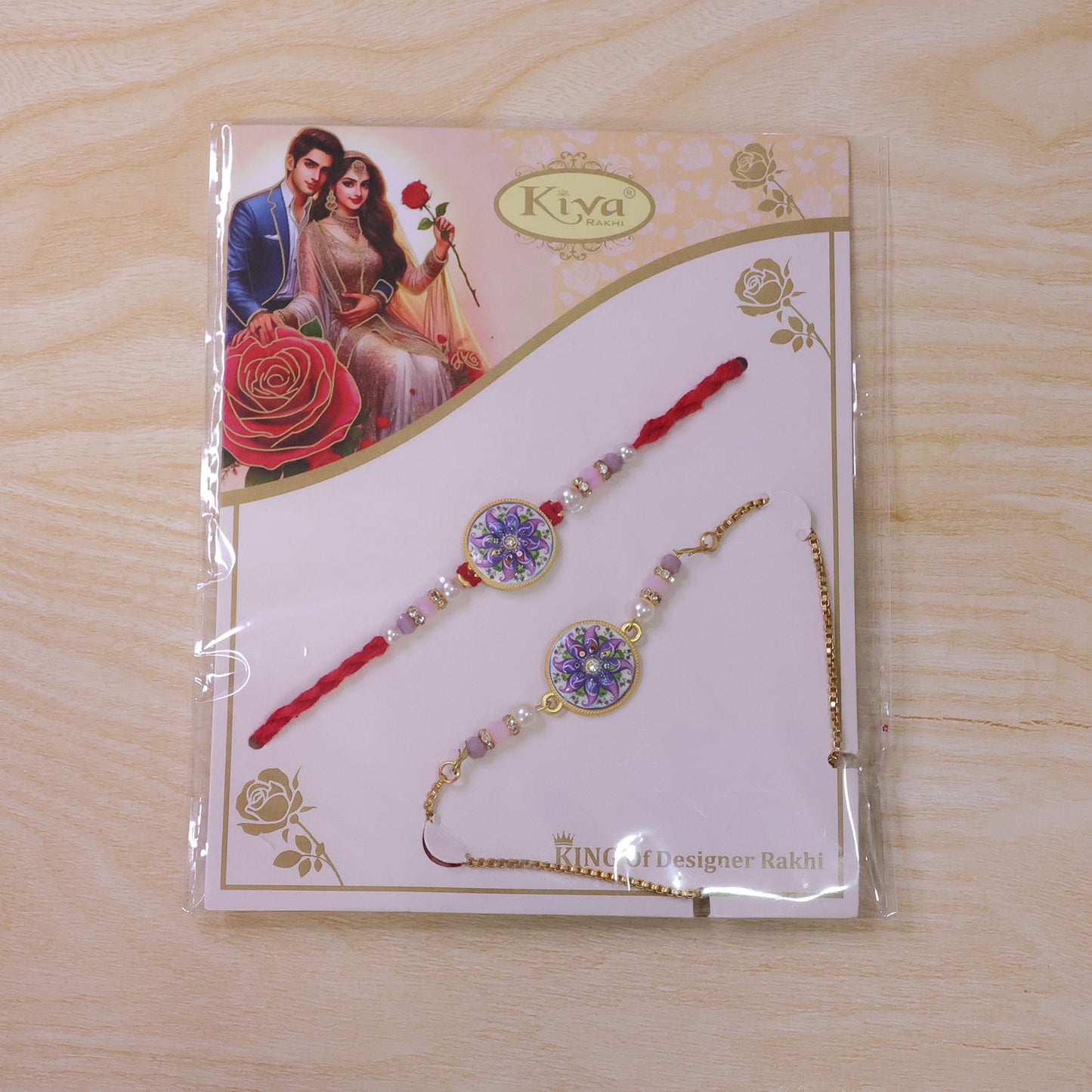 Round Mosaic Floral Bhai Bhabhi Lumba Rakhi with Pearl Drop Pair
