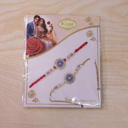 Round Mosaic Floral Bhai Bhabhi Lumba Rakhi with Pearl Drop Pair