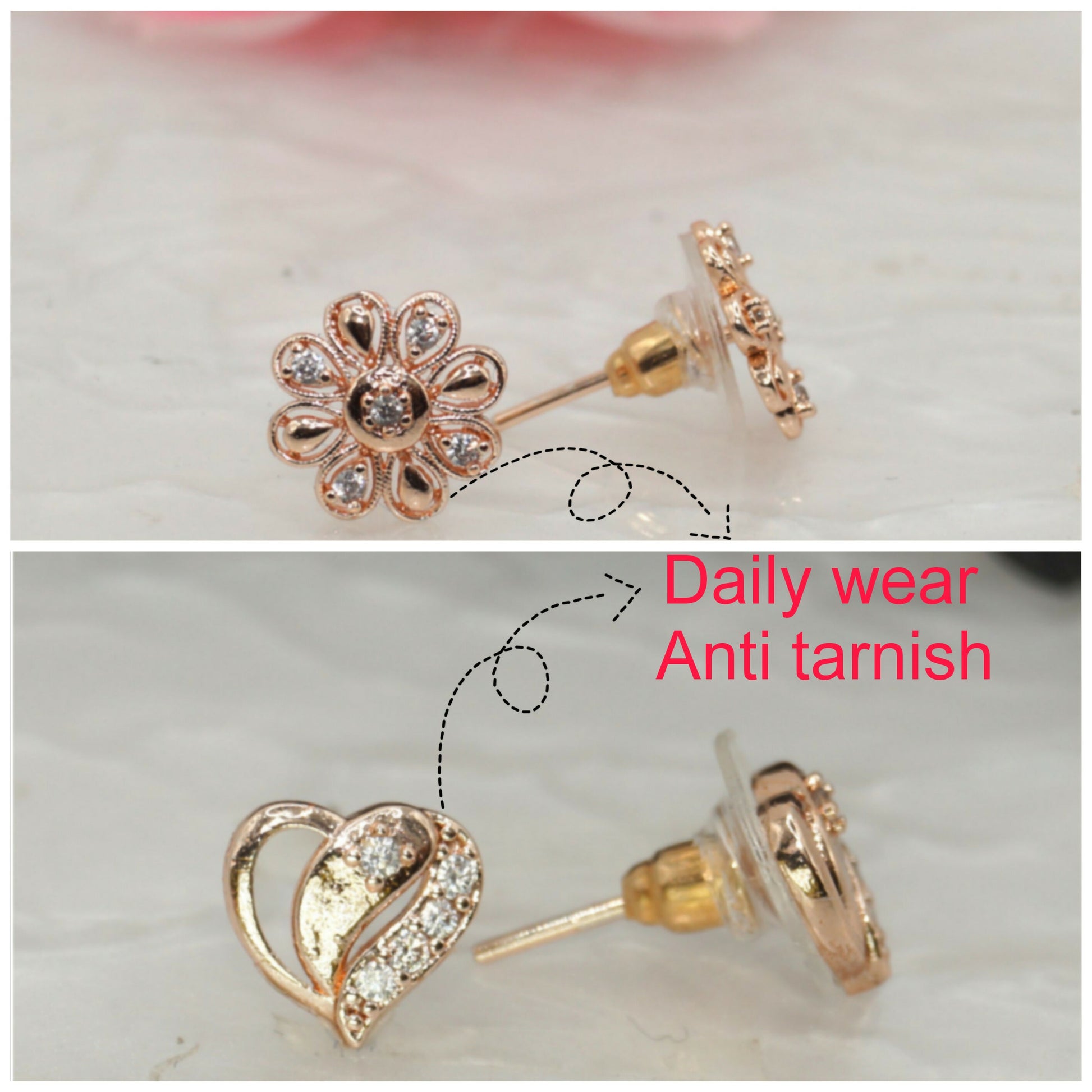 Rose Gold AD Stud Earrings - Flower & Heart Shape Daily Wear for women and girls Combo Pack of 2