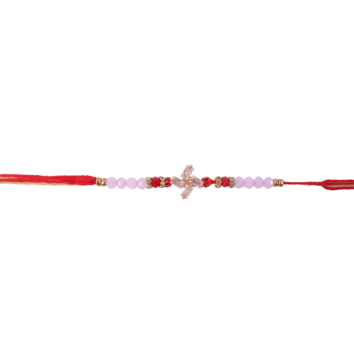 Crystal Cross Star Rakhi with Soft Pink Beads, Roli Chawal Coin and Elegant Gift Packing