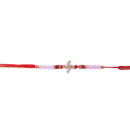 Crystal Cross Star Rakhi with Soft Pink Beads, Roli Chawal Coin and Elegant Gift Packing