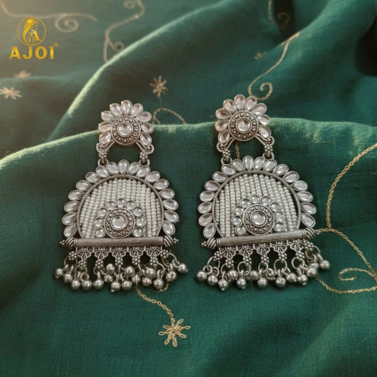 Traditional Oxidized Silver Jeco Chandbali Earrings