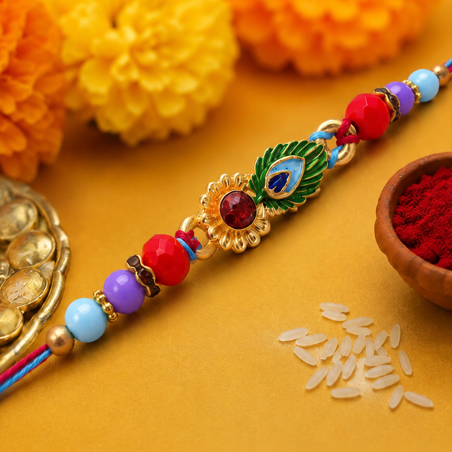 Peacock Feather Enamel Floral Stone Crystal Beads Designer Rakhi