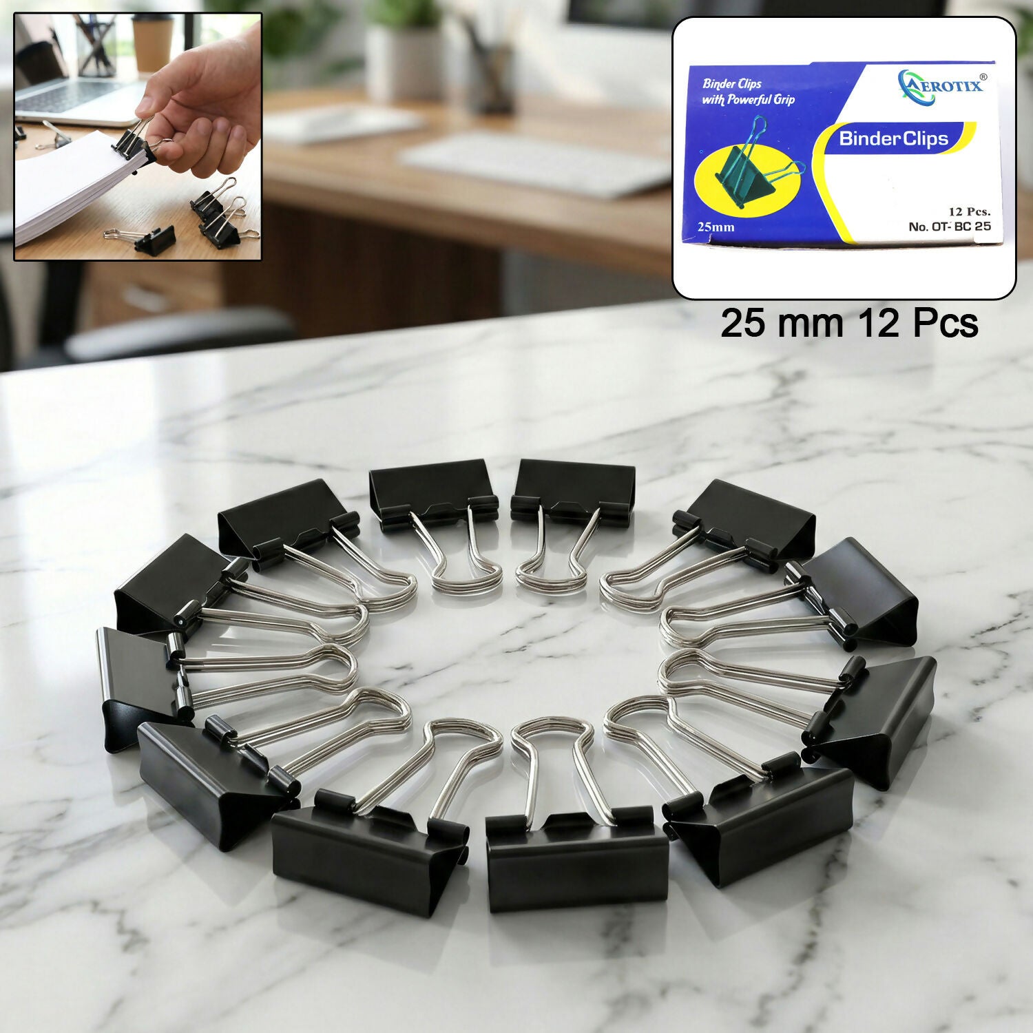 Heavy Duty Binder Clips for Office, School & Home Use Strong Grip Paper Clips Set (25mm/12pcs)