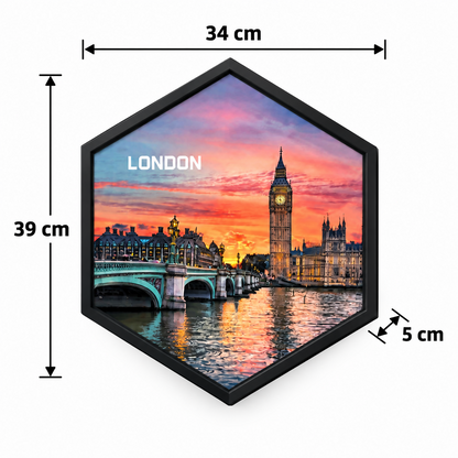 A black hexagon frame with a London cityscape at sunset, showing dimensions of 39cm by 34cm and 5cm depth.