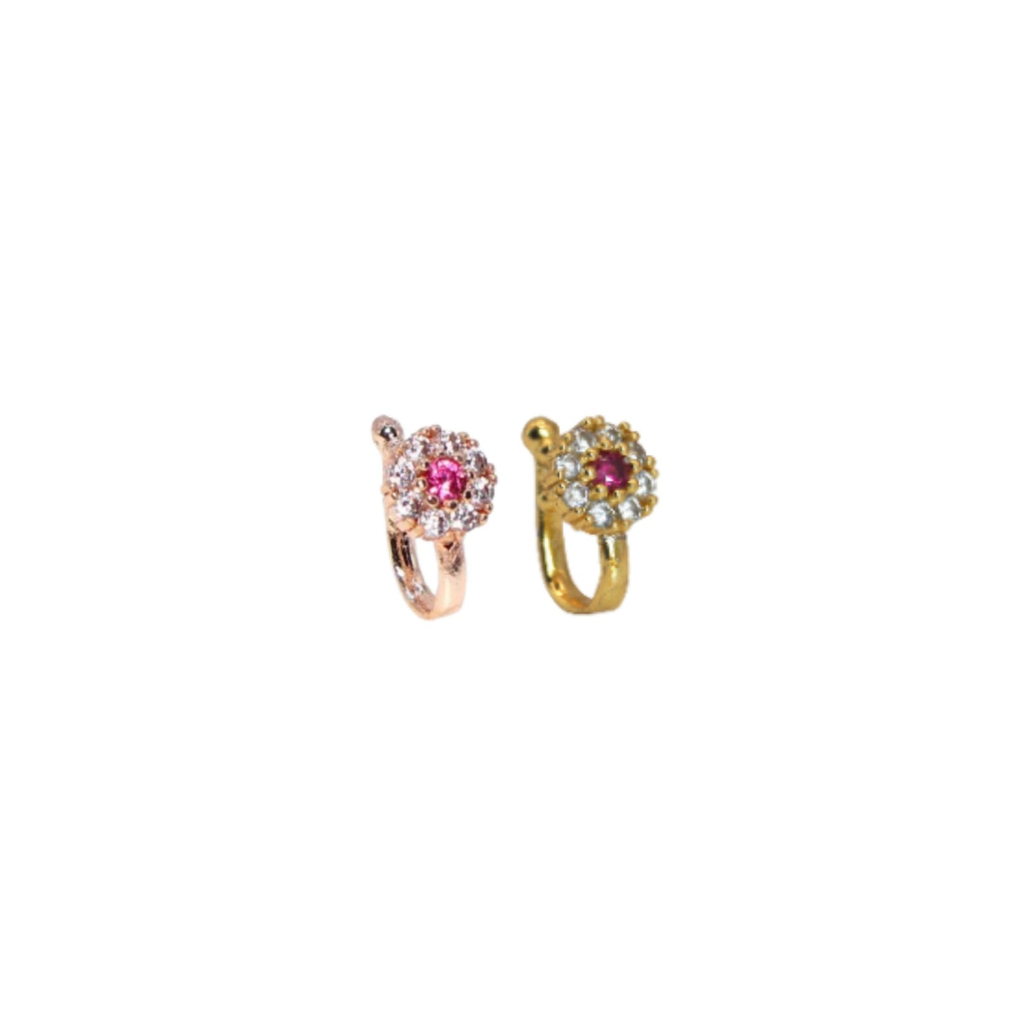 Non-Piercing Floral Nose Ring/Nath Set Rose Gold Pink Stone Combo Pack of 2