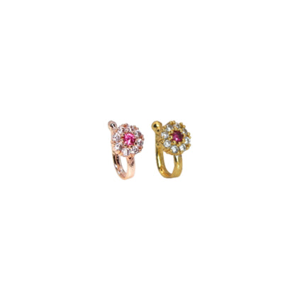 Non-Piercing Floral Nose Ring/Nath Set Rose Gold Pink Stone Combo Pack of 2