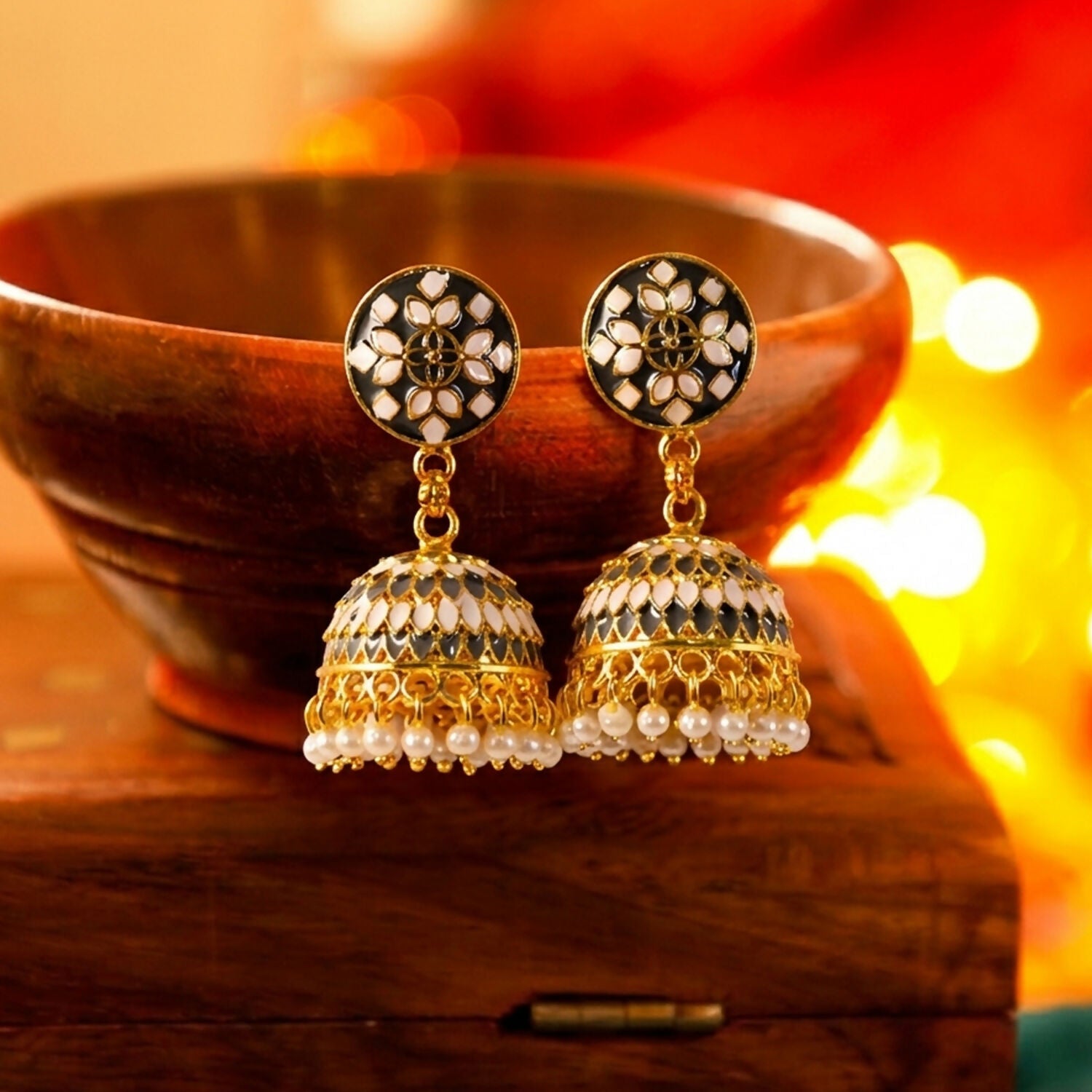 Grey Layered Chandbali Earrings with Pearl Drops for Women