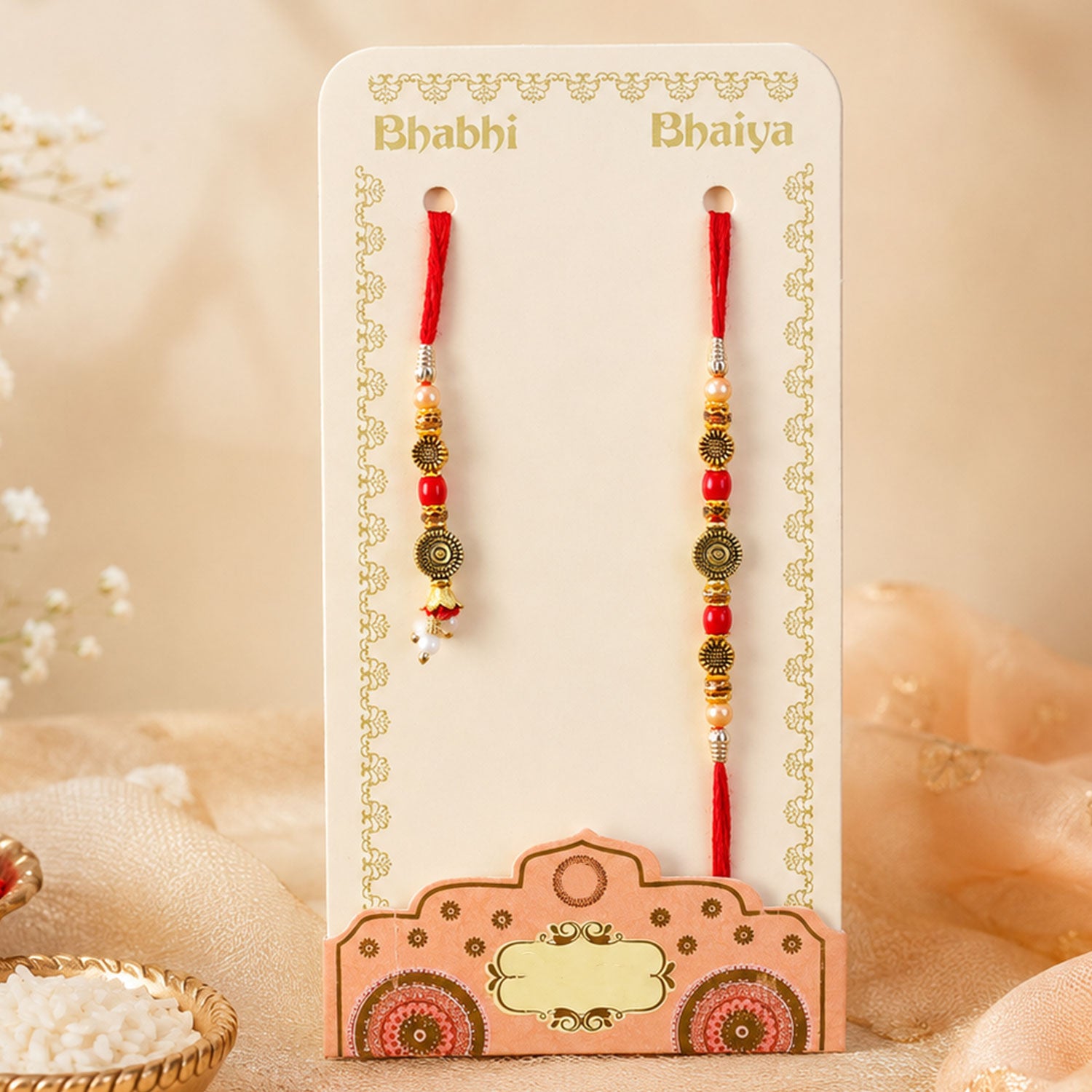 Graceful Beaded Minimal Design Bhai Bhabhi Rakhi with Beads and Disc for Gifting