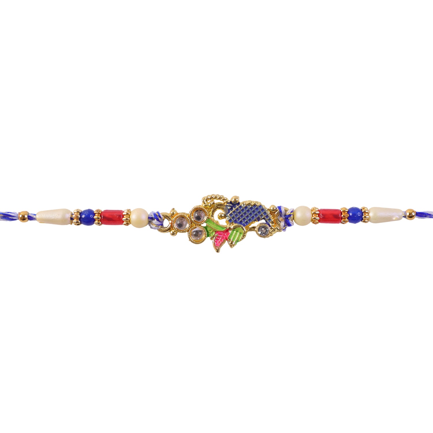 Peacock Motif Rakhi with Red Blue Beads and Elegant Traditional Gift Presentation