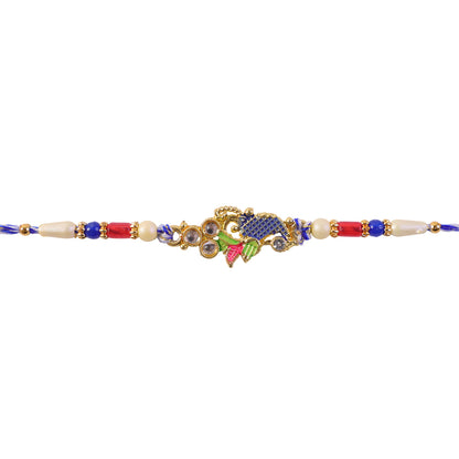 Peacock Motif Rakhi with Red Blue Beads and Elegant Traditional Gift Presentation