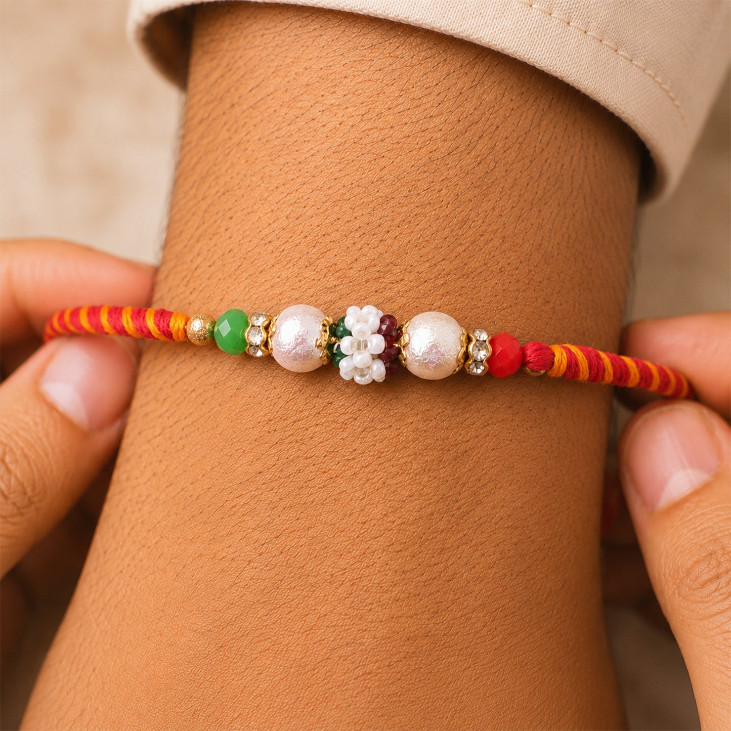 Colorful Golden Stone Rakhi with Bright Beads and Playful Festive Charm