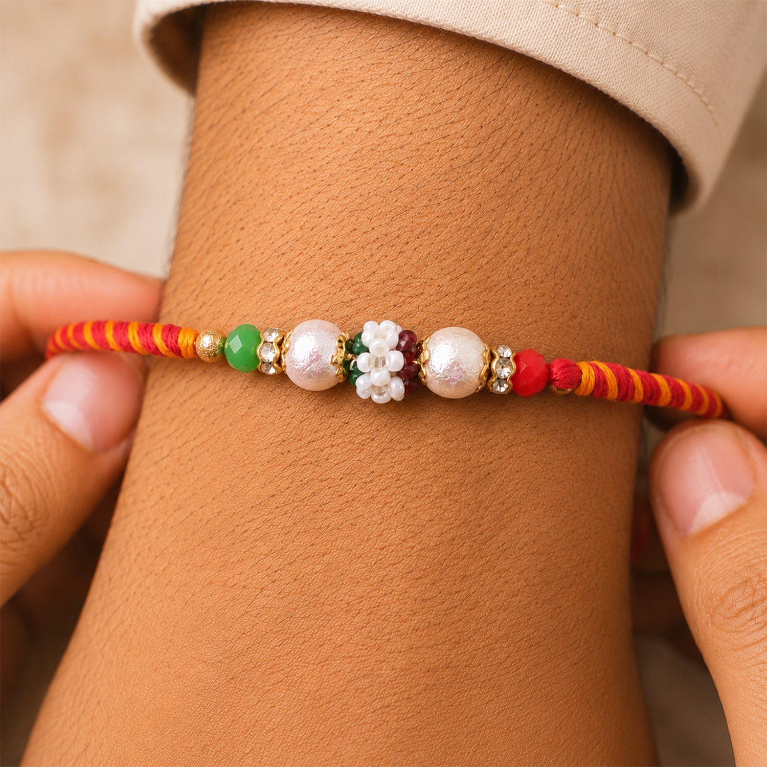 Colorful Golden Stone Rakhi with Bright Beads and Playful Festive Charm