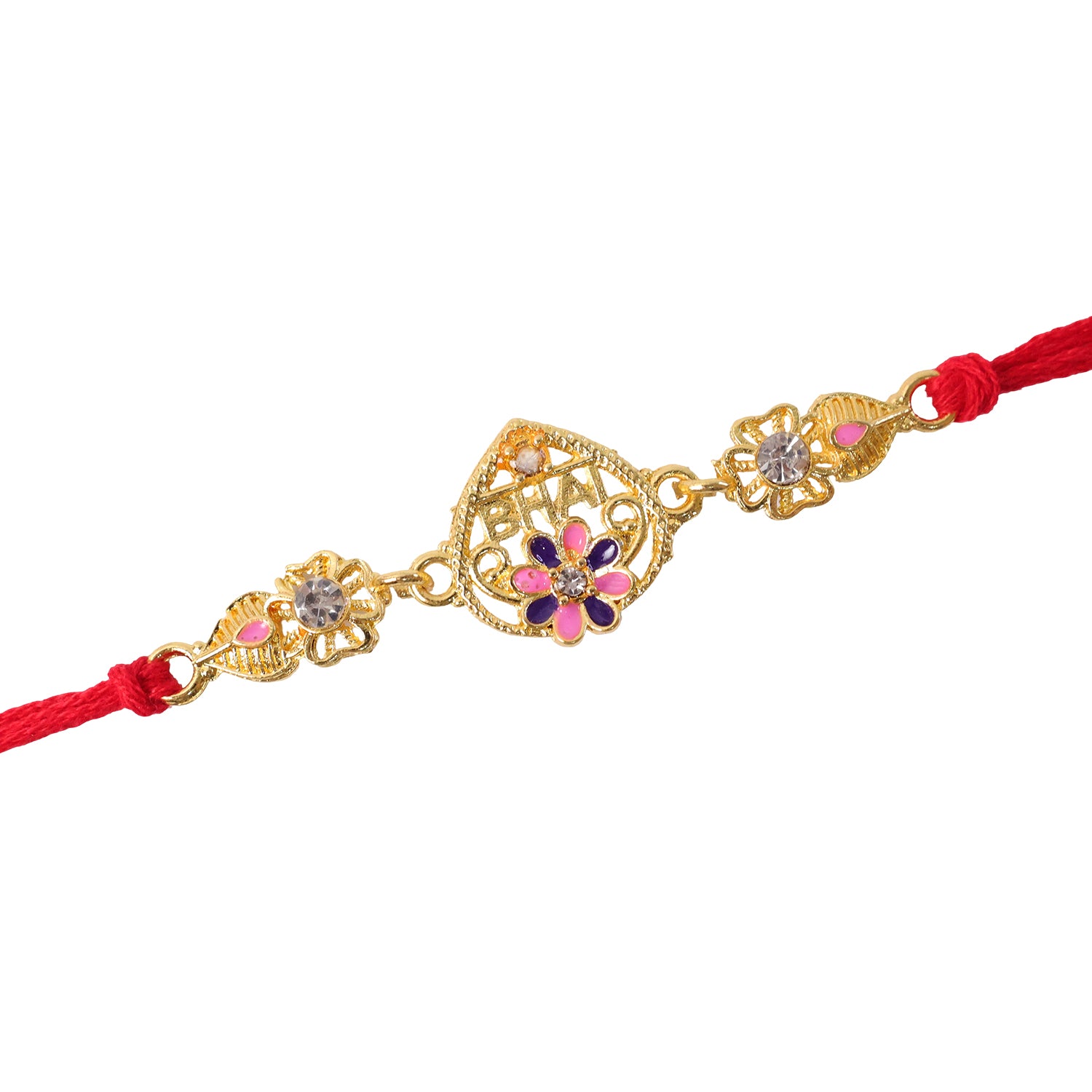 Festive Rakhi featuring Ornate Floral Charm, pearl accents and chain look for Gift