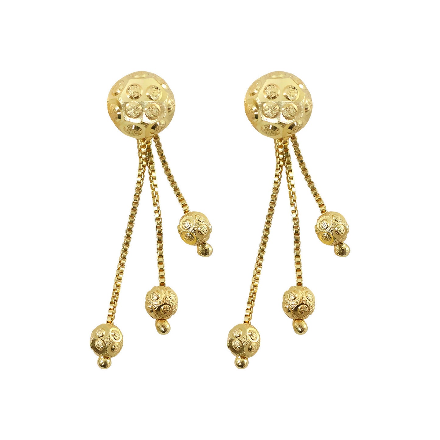 Gold Chain Tassel Style Earrings With Spherical Stud And Multi Strand Hanging Design
