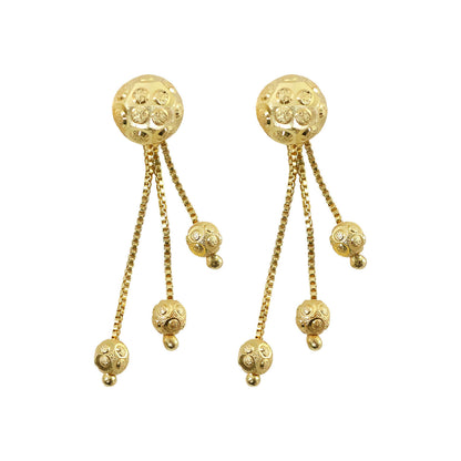 Gold Chain Tassel Style Earrings With Spherical Stud And Multi Strand Hanging Design