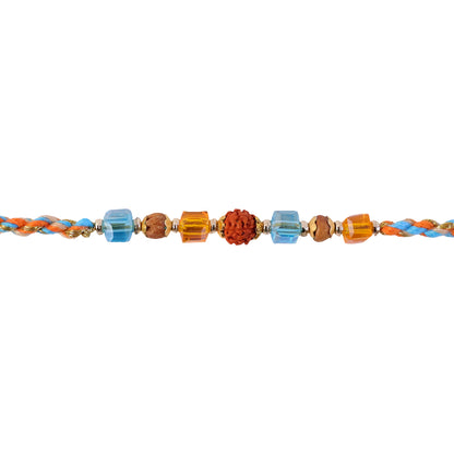 Blue Beaded Bracelet Rakhi with Golden Spacers and Colorful Festive Charm
