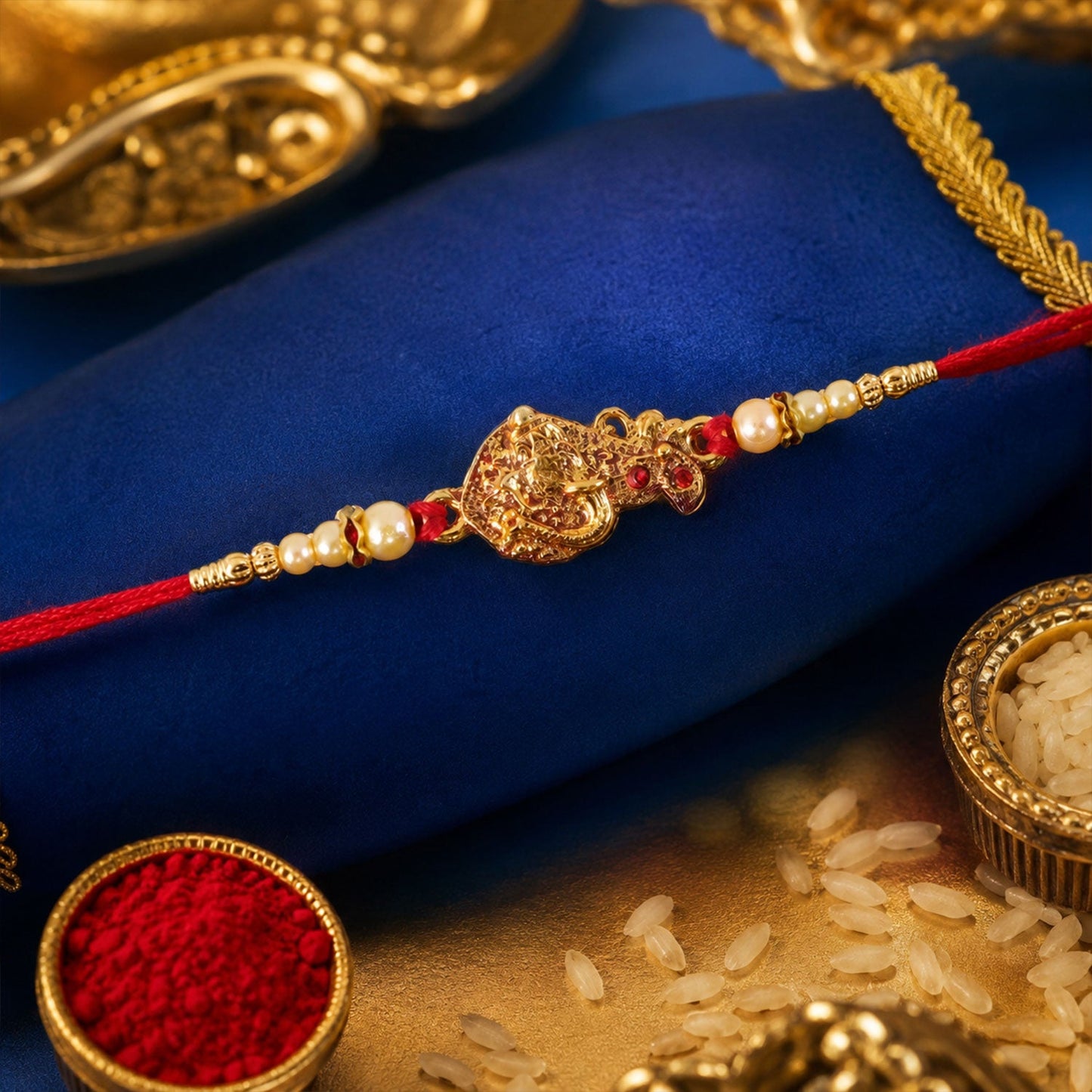 Golden Peacock Rakhi Pearl Beads & Red Thread for Brother on Raksha Bandhan (10pcs)