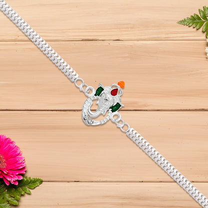 Ganesha Rakhi Stylish Enamel & Silver Chain for Brothers (5pcs)