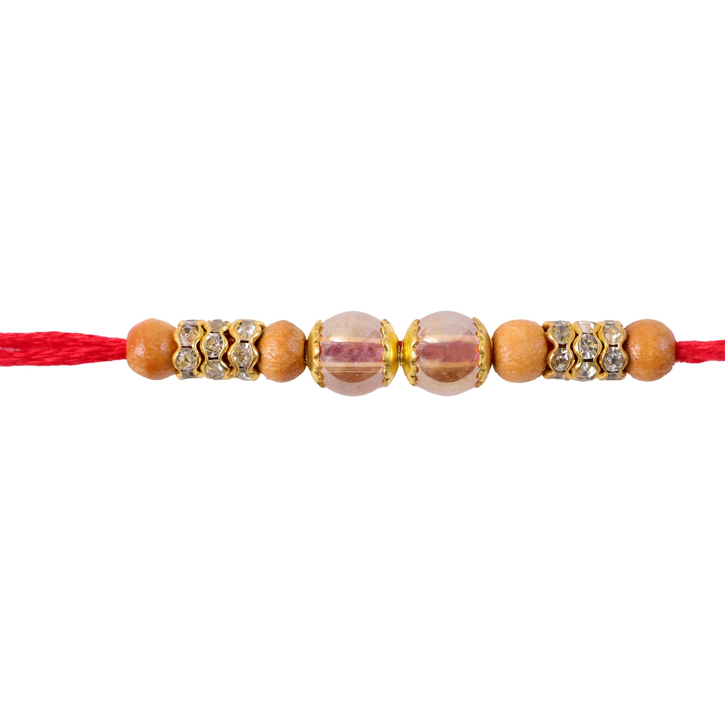 Red Thread Rakhi with Wooden Bead and Dusty-Pink Crystal Accents